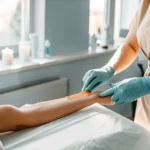 Esthetician performing a professional full arm waxing service on a client for smooth skin.
