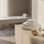 Spa treatment room setup for a bikini wax appointment