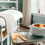 A clean and professional waxing studio with a treatment bed and supplies.