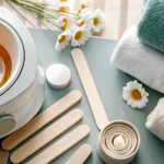A minimalist aesthetic flatlay of professional waxing supplies, including a modern wax heater with warm wax, clean rolled soft towels, a wooden spatula, and delicate chamomile flowers