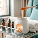 A clean, professional salon setup with supplies ready for a male Brazilian wax.