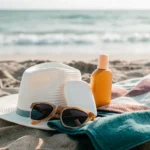 Sun care essentials on a sandy beach with turquoise ocean waves