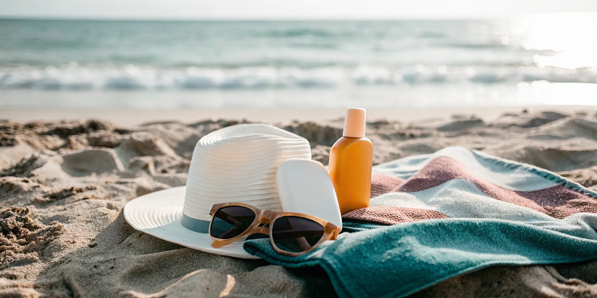 Sun care essentials on a sandy beach with turquoise ocean waves