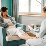 Expectant client in a clean waxing salon for waxing during pregnancy
