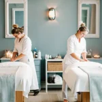 Clean professional waxing treatment room at Brazil's Waxing Center with esthetician preparing supplies