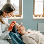 Professional eyebrow waxing at a clean modern waxing salon with aesthetician shaping brows