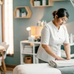 Professional esthetician in a clean, modern waxing studio preparing treatment room with fresh linens and supplies