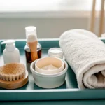 Waxing preparation products arranged on a clean white surface including skincare items and a soft towel