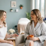 Client consulting with an esthetician before bikini waxing in Tampa FL
