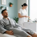 Adult man preparing for a professional waxing appointment in a clean private salon