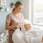Professional esthetician preparing a facial waxing treatment in a clean Tallahassee salon