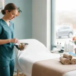 Professional esthetician preparing a clean full body waxing treatment in a bright, modern salon treatment room