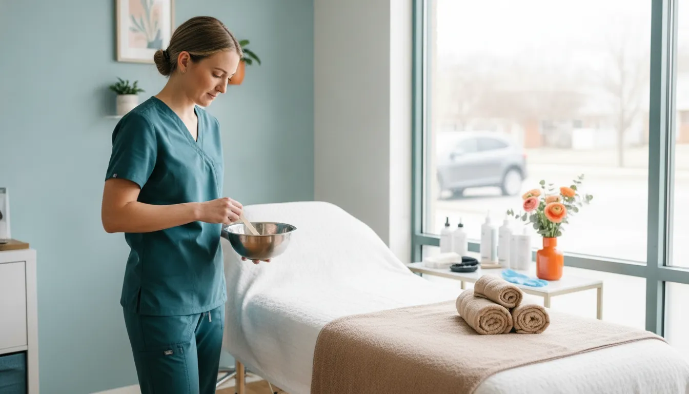 Professional esthetician preparing a clean full body waxing treatment in a bright, modern salon treatment room