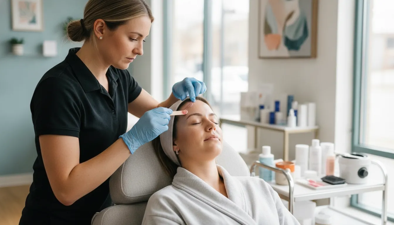 Esthetician performing a gentle full face wax on a client at Brazil's Waxing Center