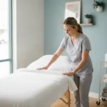 Professional esthetician preparing fresh linens in a bright, clean waxing salon treatment room