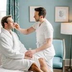 Professional esthetician in a clean modern waxing salon private treatment room with soft lighting