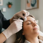 An esthetician shaping a client's eyebrows with precision in a clean salon