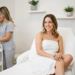 Student relaxing in a clean professional waxing treatment room