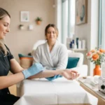 Licensed esthetician preparing a client's arm for a professional arm waxing service