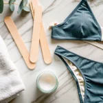Waxing supplies laid out to compare a bikini wax vs a brazilian wax.