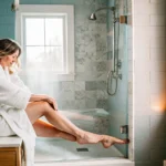 Woman in a robe waits to shower after waxing, following post-wax aftercare guidelines.