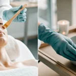 An esthetician applies wax to a woman's face during a professional full face waxing service.