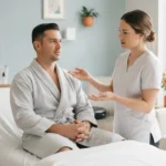 Man discussing chest waxing with an esthetician in a bright professional studio