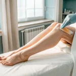 A half leg wax being applied to a client's lower leg at a professional salon.