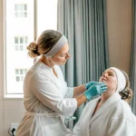 Esthetician preparing a client's skin for a full face wax appointment.